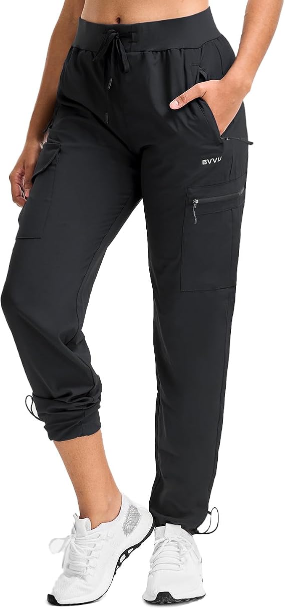 Women's Hiking Pants Lightweight, Quick Dry, Outdoor, Waterproof, Cargo Joggers with Zipper Pockets in Black
