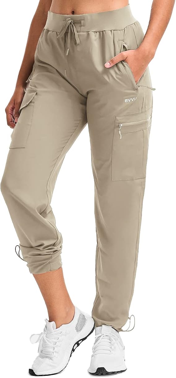 Women's Hiking Pants Lightweight, Quick Dry, Outdoor, Waterproof, Cargo Joggers with Zipper Pockets in Khaki
